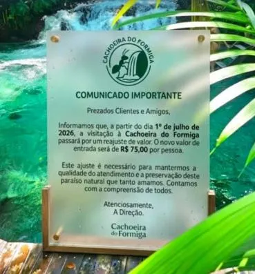 Aumento na entrada da Cachoeira do Formiga gera críticas e debate nas redes sociais