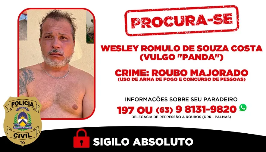  Informações sobre o paradeiro do suspeito podem ser repassadas à DRR pelo WhatsApp (63) 9 8131-9820 ou pelo 197; sigilo é garantido - Foto: Dicom SSP/TO