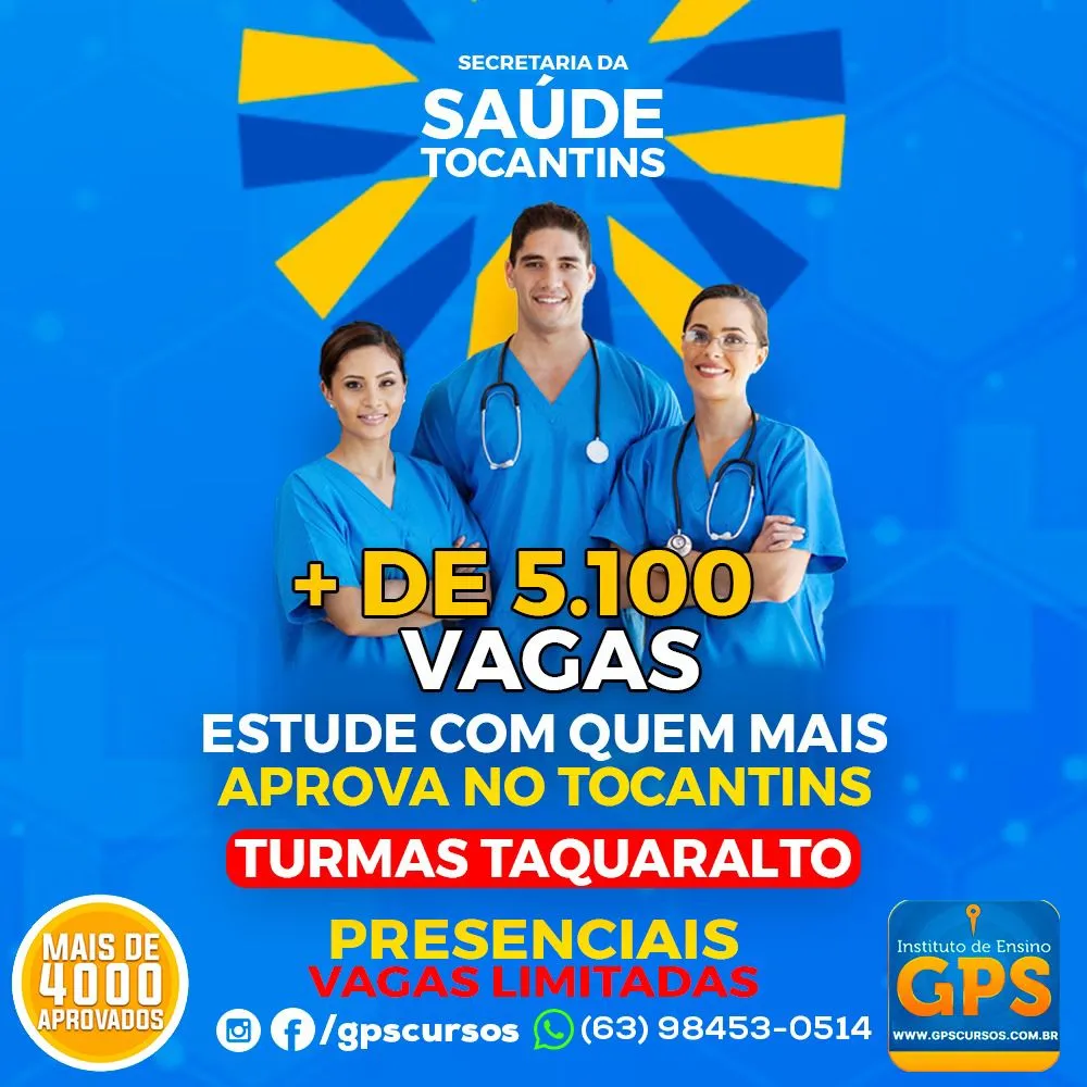 : Instituto GPS abre turmas presenciais para concurso da Saúde com mais de 5 mil vagas previstas no Tocantins